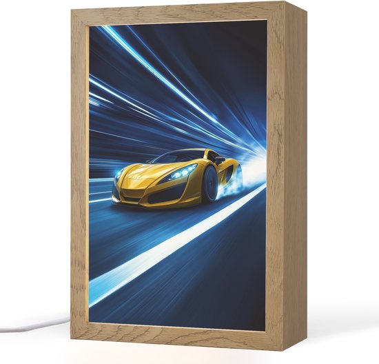 Nachtlampje 20x30 cm - Kinder lamp - Auto - Geel - Race - Blauw - Tafellamp kinderkamer - Slaapkamer lamp - Bedlamp kinderen - Kinderlampje stopcontact - Wandlamp babykamer - Nachtlampjes van Merkloos