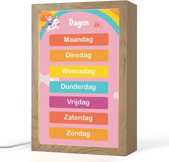 Nachtlampje 20x30 cm - Kinder lamp - Dagen van de week - Educatief - Leren voor kinderen - Roze - Tafellamp kinderkamer - Slaapkamer lamp - Bedlamp kinderen - Kinderlampje stopcontact - Wandlamp babykamer - Nachtlampjes van Merkloos