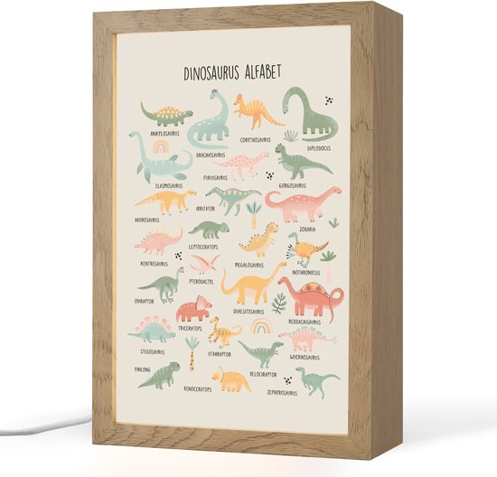 Nachtlampje 20x30 cm - Kinder lamp - Dinosaurus alfabet - Leren voor kinderen - Dino's - Educatief - Tafellamp kinderkamer - Slaapkamer lamp - Bedlamp kinderen - Kinderlampje stopcontact - Wandlamp babykamer - Nachtlampjes van Merkloos