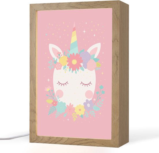 Nachtlampje 20x30 cm - Kinder lamp - Eenhoorn - Bloemen - Roze - Tafellamp kinderkamer - Slaapkamer lamp - Bedlamp kinderen - Kinderlampje stopcontact - Wandlamp babykamer - Nachtlampjes van Merkloos
