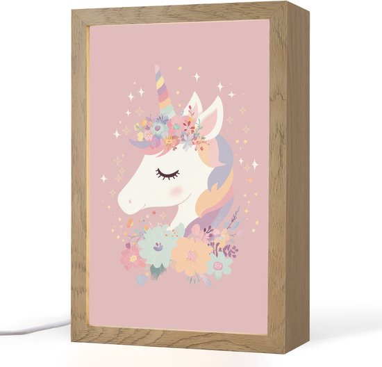 Nachtlampje 20x30 cm - Kinder lamp - Eenhoorn - Roze - Bloemen - Tafellamp kinderkamer - Slaapkamer lamp - Bedlamp kinderen - Kinderlampje stopcontact - Wandlamp babykamer - Nachtlampjes van Merkloos