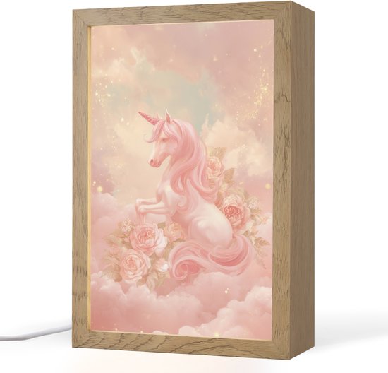 Nachtlampje 20x30 cm - Kinder lamp - Eenhoorn - Wolken - Roze - Tafellamp kinderkamer - Slaapkamer lamp - Bedlamp kinderen - Kinderlampje stopcontact - Wandlamp babykamer - Nachtlampjes van Deco City.