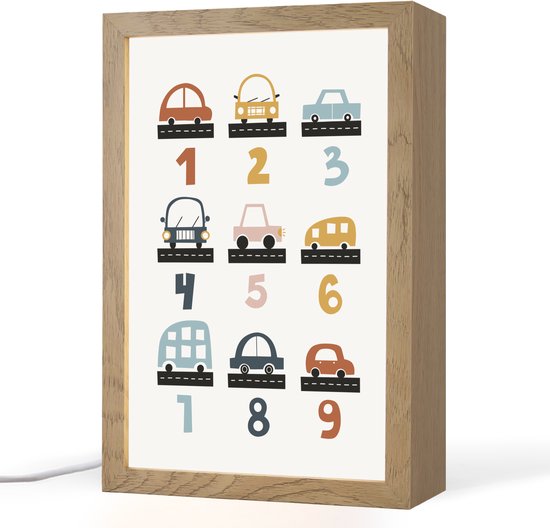 Nachtlampje 20x30 cm - Kinder lamp - Getallen - Educatief - Leren tellen - Cijfers oefenen voor kinderen - Auto's - Voertuigen - Tafellamp kinderkamer - Slaapkamer lamp - Bedlamp kinderen - Kinderlampje stopcontact - Wandlamp babykamer - Nachtlampjes