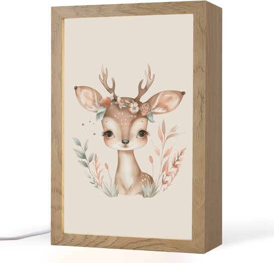 Nachtlampje 20x30 cm - Kinder lamp - Hert - Bohemian - Bloemen - Bosdieren - Tafellamp kinderkamer - Slaapkamer lamp - Bedlamp kinderen - Kinderlampje stopcontact - Wandlamp babykamer - Nachtlampjes van Merkloos