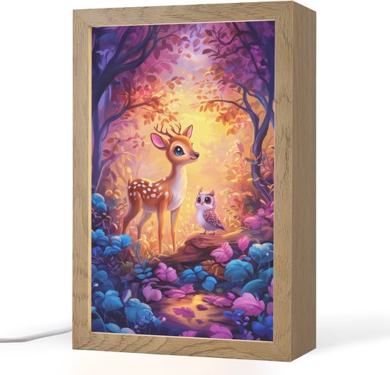Nachtlampje 20x30 cm - Kinder lamp - Hertje - Uil - Fantasie - Bos - Tafellamp kinderkamer - Slaapkamer lamp - Bedlamp kinderen - Kinderlampje stopcontact - Wandlamp babykamer - Nachtlampjes van Smartfields