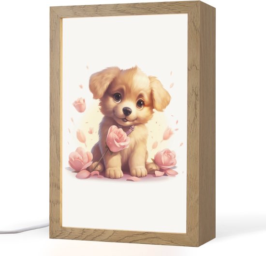 Nachtlampje 20x30 cm - Kinder lamp - Hond - Bloemen - Roze - Meisjes - Kind - Tafellamp kinderkamer - Slaapkamer lamp - Bedlamp kinderen - Kinderlampje stopcontact - Wandlamp babykamer - Nachtlampjes van CombiCraft