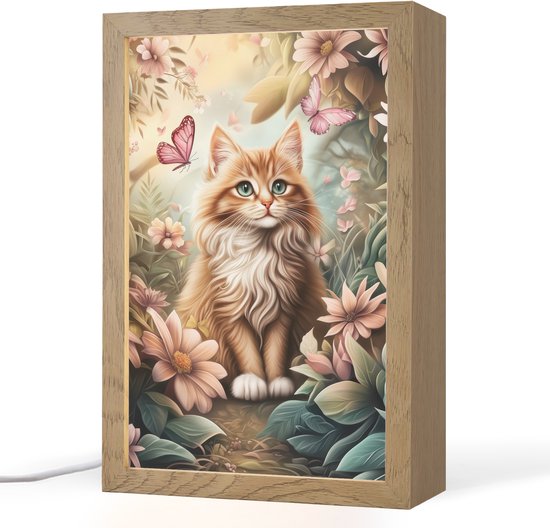 Nachtlampje 20x30 cm - Kinder lamp - Kat - Bloemen - Vlinders - Roze - Tafellamp kinderkamer - Slaapkamer lamp - Bedlamp kinderen - Kinderlampje stopcontact - Wandlamp babykamer - Nachtlampjes van Merkloos
