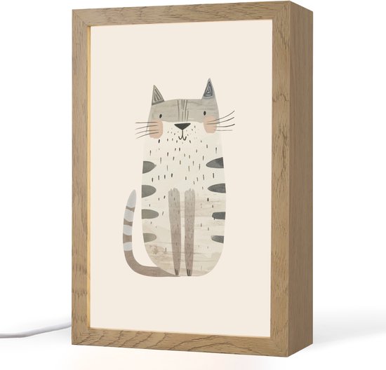 Nachtlampje 20x30 cm - Kinder lamp - Kat - Dieren - Beige - Tafellamp kinderkamer - Slaapkamer lamp - Bedlamp kinderen - Kinderlampje stopcontact - Wandlamp babykamer - Nachtlampjes van Merkloos