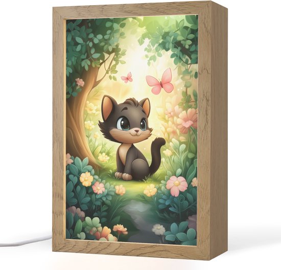 Nachtlampje 20x30 cm - Kinder lamp - Kat - Zwart - Bos - Vlinders - Tafellamp kinderkamer - Slaapkamer lamp - Bedlamp kinderen - Kinderlampje stopcontact - Wandlamp babykamer - Nachtlampjes van Dancer's World