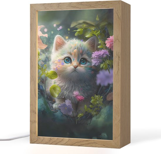 Nachtlampje 20x30 cm - Kinder lamp - Kitten - Bloemen - Bos - Illustratie - Poes - Tafellamp kinderkamer - Slaapkamer lamp - Bedlamp kinderen - Kinderlampje stopcontact - Wandlamp babykamer - Nachtlampjes van Merkloos