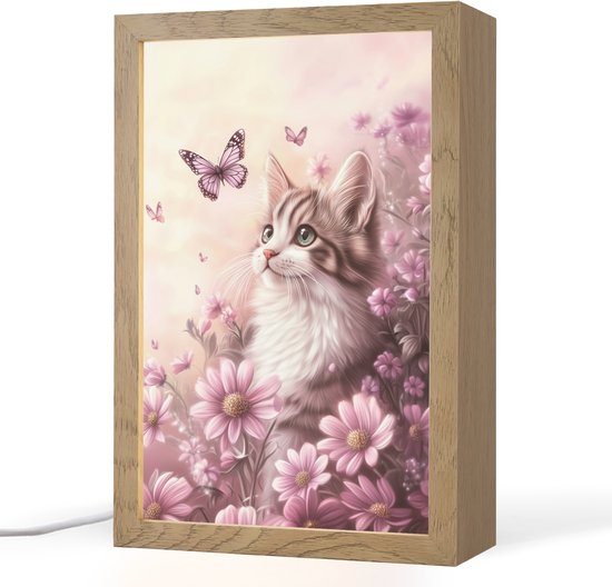 Nachtlampje 20x30 cm - Kinder lamp - Kitten - Bloemen - Vlinders - Paars - Tafellamp kinderkamer - Slaapkamer lamp - Bedlamp kinderen - Kinderlampje stopcontact - Wandlamp babykamer - Nachtlampjes van Merkloos