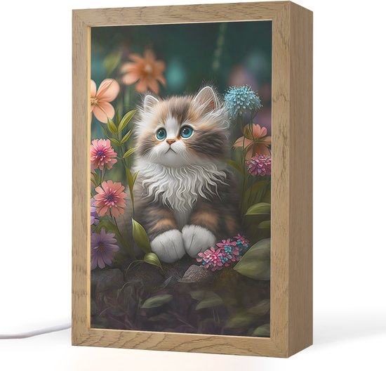 Nachtlampje 20x30 cm - Kinder lamp - Kitten - Illustratie - Bloemen - Natuur - Kat - Tafellamp kinderkamer - Slaapkamer lamp - Bedlamp kinderen - Kinderlampje stopcontact - Wandlamp babykamer - Nachtlampjes van Merkloos