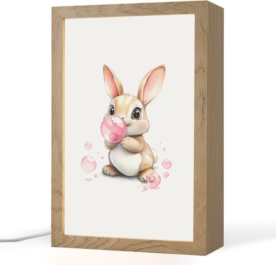 Nachtlampje 20x30 cm - Kinder lamp - Konijn - Roze - Bellen - Tafellamp kinderkamer - Slaapkamer lamp - Bedlamp kinderen - Kinderlampje stopcontact - Wandlamp babykamer - Nachtlampjes van Merkloos