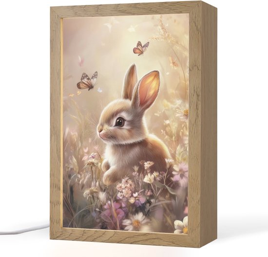Nachtlampje 20x30 cm - Kinder lamp - Konijntje - Bruin - Bloemen - Vlinders - Tafellamp kinderkamer - Slaapkamer lamp - Bedlamp kinderen - Kinderlampje stopcontact - Wandlamp babykamer - Nachtlampjes van Merkloos