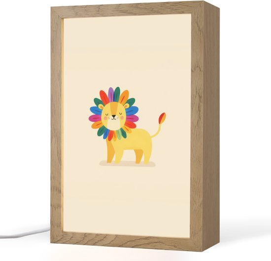 Nachtlampje 20x30 cm - Kinder lamp - Leeuw - Kleurrijke manen - Beige - Tafellamp kinderkamer - Slaapkamer lamp - Bedlamp kinderen - Kinderlampje stopcontact - Wandlamp babykamer - Nachtlampjes van Merkloos