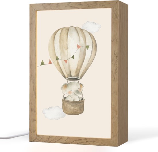Nachtlampje 20x30 cm - Kinder lamp - Luchtballon - Olifant - Watercolor - Beige - Dieren - Tafellamp kinderkamer - Slaapkamer lamp - Bedlamp kinderen - Kinderlampje stopcontact - Wandlamp babykamer - Nachtlampjes van Merkloos