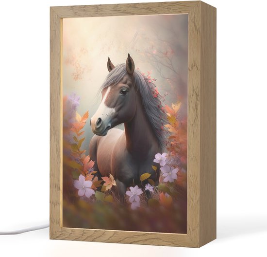 Nachtlampje 20x30 cm - Kinder lamp - Paard - Bloemen - Natuur - Paars - Dieren - Tafellamp kinderkamer - Slaapkamer lamp - Bedlamp kinderen - Kinderlampje stopcontact - Wandlamp babykamer - Nachtlampjes van Merkloos