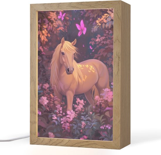 Nachtlampje 20x30 cm - Kinder lamp - Paard - Bloemen - Paars - Vlinder - Tafellamp kinderkamer - Slaapkamer lamp - Bedlamp kinderen - Kinderlampje stopcontact - Wandlamp babykamer - Nachtlampjes van Merkloos