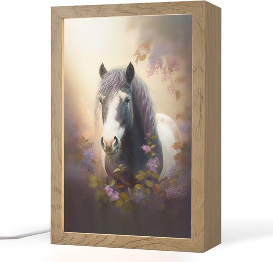 Nachtlampje 20x30 cm - Kinder lamp - Paard - Natuur - Dieren - Bloemen - Paars - Tafellamp kinderkamer - Slaapkamer lamp - Bedlamp kinderen - Kinderlampje stopcontact - Wandlamp babykamer - Nachtlampjes van Decoware