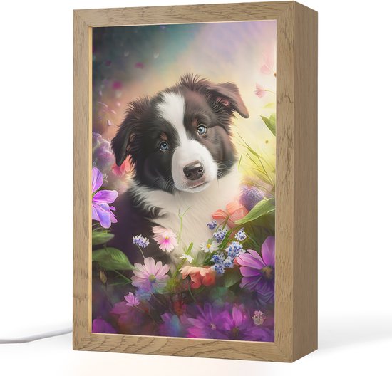 Nachtlampje 20x30 cm - Kinder lamp - Puppy - Zon - Bloemen - Natuur - Bordercollie - Hond - Tafellamp kinderkamer - Slaapkamer lamp - Bedlamp kinderen - Kinderlampje stopcontact - Wandlamp babykamer - Nachtlampjes van Merkloos