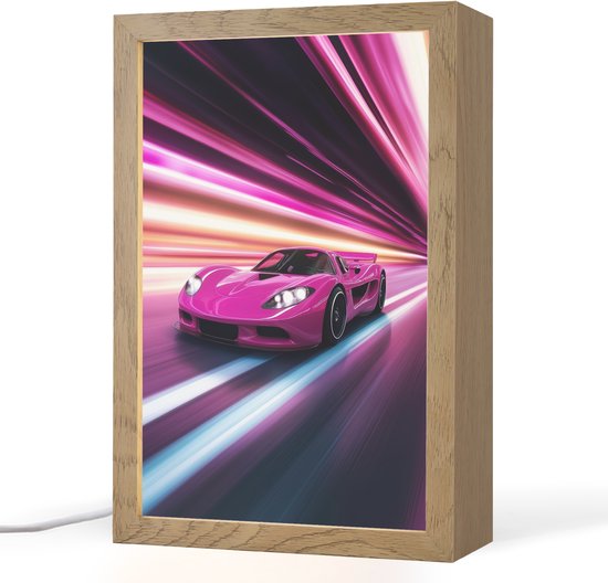 Nachtlampje 20x30 cm - Kinder lamp - Raceauto - Roze - Neon - Tafellamp kinderkamer - Slaapkamer lamp - Bedlamp kinderen - Kinderlampje stopcontact - Wandlamp babykamer - Nachtlampjes van Merkloos
