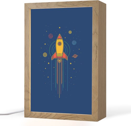 Nachtlampje 20x30 cm - Kinder lamp - Raket - Blauw - Sterren - Tafellamp kinderkamer - Slaapkamer lamp - Bedlamp kinderen - Kinderlampje stopcontact - Wandlamp babykamer - Nachtlampjes van Merkloos