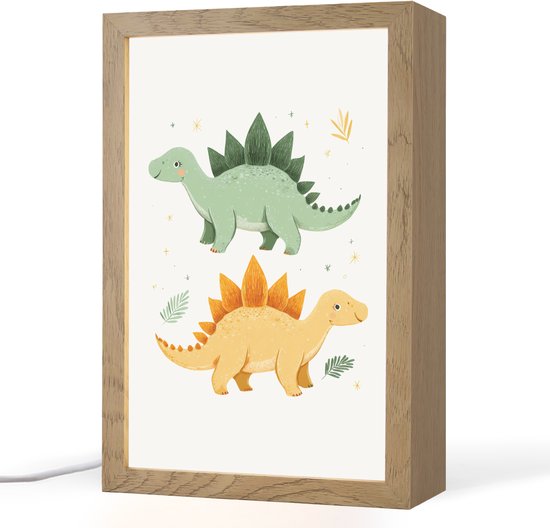 Nachtlampje 20x30 cm - Kinder lamp - Sterren - Stegosaurussen - Blaadjes - Groen - Tafellamp kinderkamer - Slaapkamer lamp - Bedlamp kinderen - Kinderlampje stopcontact - Wandlamp babykamer - Nachtlampjes van Walplus