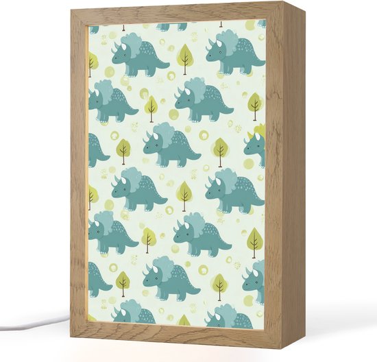 Nachtlampje 20x30 cm - Kinder lamp - Triceratop - Blauw - Stippen - Boompjes - Tafellamp kinderkamer - Slaapkamer lamp - Bedlamp kinderen - Kinderlampje stopcontact - Wandlamp babykamer - Nachtlampjes van Hitsujiko