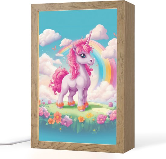Nachtlampje 20x30 cm - Kinder lamp - Unicorn - Meisjes - Bloemen - Regenboog - Eenhoorn - Tafellamp kinderkamer - Slaapkamer lamp - Bedlamp kinderen - Kinderlampje stopcontact - Wandlamp babykamer - Nachtlampjes van Merkloos