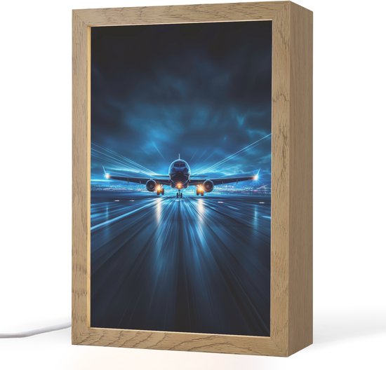 Nachtlampje 20x30 cm - Kinder lamp - Vliegtuig - Blauw - Futuristisch - Tafellamp kinderkamer - Slaapkamer lamp - Bedlamp kinderen - Kinderlampje stopcontact - Wandlamp babykamer - Nachtlampjes van Merkloos