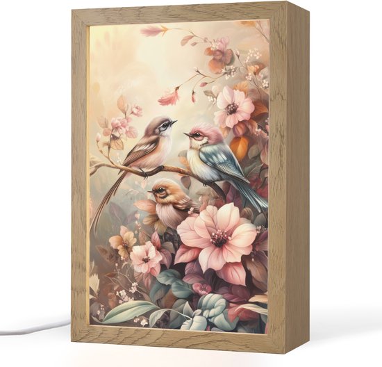 Nachtlampje 20x30 cm - Kinder lamp - Vogels - Bloemen - Roze - Pastel - Tafellamp kinderkamer - Slaapkamer lamp - Bedlamp kinderen - Kinderlampje stopcontact - Wandlamp babykamer - Nachtlampjes van Merkloos