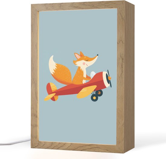 Nachtlampje 20x30 cm - Kinder lamp - Vos - Vliegtuig - Blauw - Tafellamp kinderkamer - Slaapkamer lamp - Bedlamp kinderen - Kinderlampje stopcontact - Wandlamp babykamer - Nachtlampjes van Merkloos