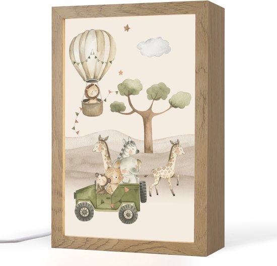 Nachtlampje 20x30 cm - Kinder lamp - Wilde dieren - Safari - Watercolor - Luchtballon - Tafellamp kinderkamer - Slaapkamer lamp - Bedlamp kinderen - Kinderlampje stopcontact - Wandlamp babykamer - Nachtlampjes van Merkloos