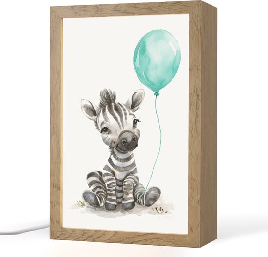 Nachtlampje 20x30 cm - Kinder lamp - Zebra - Baby dier - Blauwe ballon - Tafellamp kinderkamer - Slaapkamer lamp - Bedlamp kinderen - Kinderlampje stopcontact - Wandlamp babykamer - Nachtlampjes van Merkloos