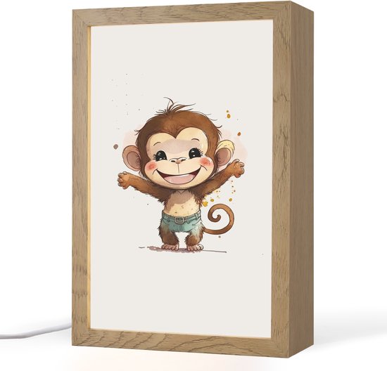 Nachtlampje 20x30 cm - Kinder lampje - Aap - Bruin - Waterverf - Dieren - Meiden - Jongens - Tafellamp kinderkamer - Slaapkamer lamp - Bedlamp kinderen - Kinderlampje stopcontact - Wandlamp babykamer - Nachtlampjes