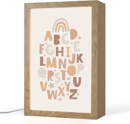 Nachtlampje 20x30 cm - Kinder lampje - Alfabet - Sterren - Regenboog - Pastel kleuren - Educatief - Tafellamp kinderkamer - Slaapkamer lamp - Bedlamp kinderen - Kinderlampje stopcontact - Wandlamp babykamer - Nachtlampjes