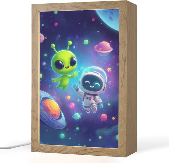 Nachtlampje 20x30 cm - Kinder lampje - Alien - Astronaut - Ruimte - Planeten - Tafellamp kinderkamer - Slaapkamer lamp - Bedlamp kinderen - Kinderlampje stopcontact - Wandlamp babykamer - Nachtlampjes van Merkloos