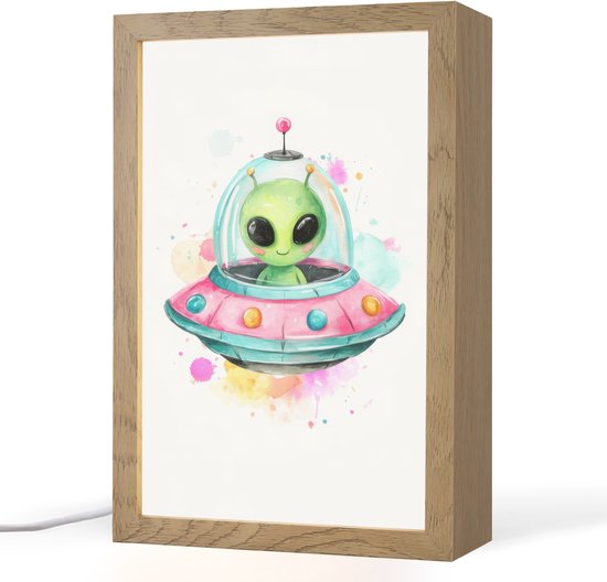 Nachtlampje 20x30 cm - Kinder lampje - Alien - Ufo - Kleurrijk - Tafellamp kinderkamer - Slaapkamer lamp - Bedlamp kinderen - Kinderlampje stopcontact - Wandlamp babykamer - Nachtlampjes van Merkloos