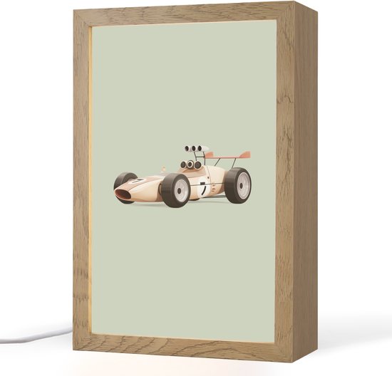 Nachtlampje 20x30 cm - Kinder lampje - Beige - Raceauto - Groen - Tafellamp kinderkamer - Slaapkamer lamp - Bedlamp kinderen - Kinderlampje stopcontact - Wandlamp babykamer - Nachtlampjes van Merkloos