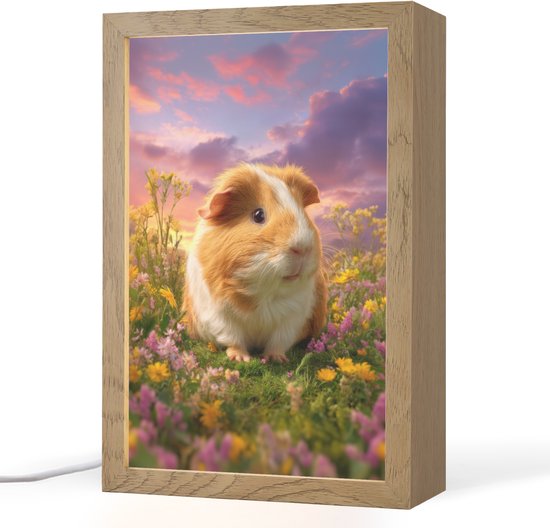 Nachtlampje 20x30 cm - Kinder lampje - Cavia - Kleurrijk - Bloemen - Tafellamp kinderkamer - Slaapkamer lamp - Bedlamp kinderen - Kinderlampje stopcontact - Wandlamp babykamer - Nachtlampjes van Merkloos