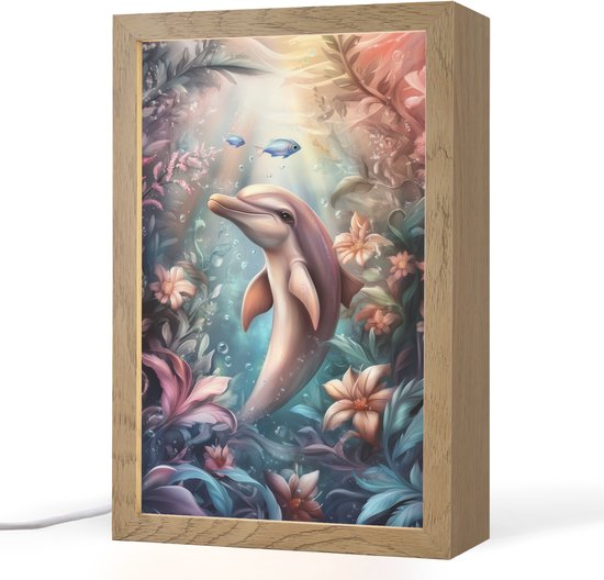 Nachtlampje 20x30 cm - Kinder lampje - Dolfijn - Vissen - Onderwaterwereld - Bloemen - Tafellamp kinderkamer - Slaapkamer lamp - Bedlamp kinderen - Kinderlampje stopcontact - Wandlamp babykamer - Nachtlampjes van OnlyWow