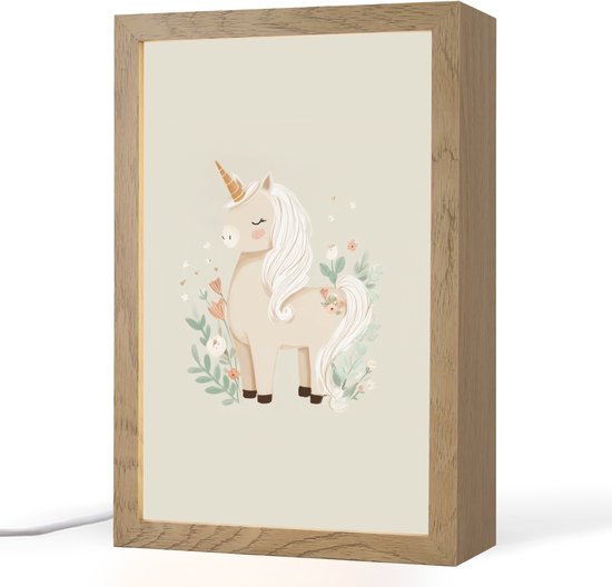 Nachtlampje 20x30 cm - Kinder lampje - Eenhoorn - Bloemen - Beige - Tafellamp kinderkamer - Slaapkamer lamp - Bedlamp kinderen - Kinderlampje stopcontact - Wandlamp babykamer - Nachtlampjes van Merkloos