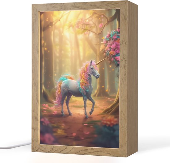 Nachtlampje 20x30 cm - Kinder lampje - Eenhoorn - Bos - Kleurrijk - Bloemen - Meiden - Tafellamp kinderkamer - Slaapkamer lamp - Bedlamp kinderen - Kinderlampje stopcontact - Wandlamp babykamer - Nachtlampjes van ApeldoornseZwaan