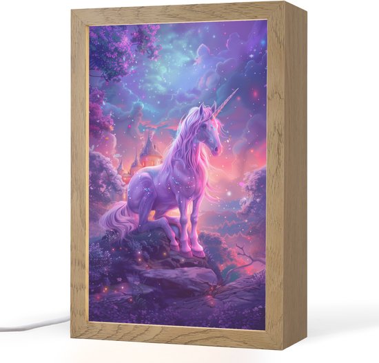 Nachtlampje 20x30 cm - Kinder lampje - Eenhoorn - Fantasy - Kasteel - Meisje - Paars - Roze - Tafellamp kinderkamer - Slaapkamer lamp - Bedlamp kinderen - Kinderlampje stopcontact - Wandlamp babykamer - Nachtlampjes van Merkloos