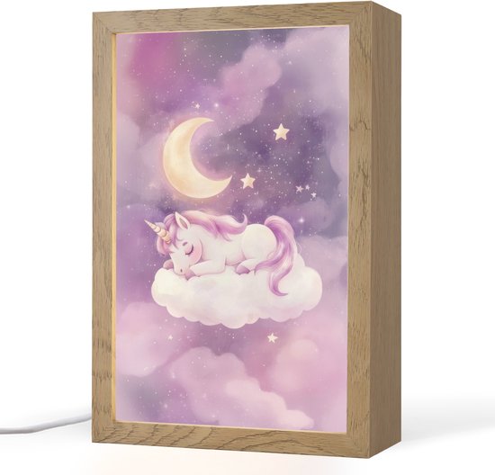 Nachtlampje 20x30 cm - Kinder lampje - Eenhoorn - Paars - Sterrenhemel - Maan - Tafellamp kinderkamer - Slaapkamer lamp - Bedlamp kinderen - Kinderlampje stopcontact - Wandlamp babykamer - Nachtlampjes