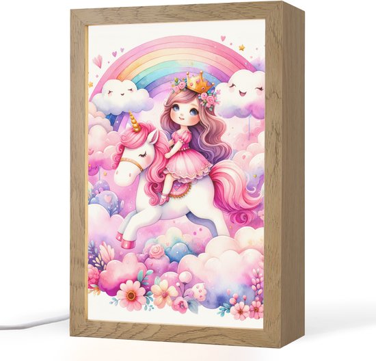 Nachtlampje 20x30 cm - Kinder lampje - Eenhoorn - Prinses - Unicorn - Roze - Regenboog - Tafellamp kinderkamer - Slaapkamer lamp - Bedlamp kinderen - Kinderlampje stopcontact - Wandlamp babykamer - Nachtlampjes van DecoAction