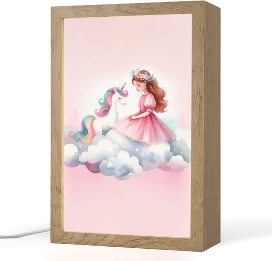 Nachtlampje 20x30 cm - Kinder lampje - Eenhoorn - Prinses - Unicorn - Roze - Wolken - Tafellamp kinderkamer - Slaapkamer lamp - Bedlamp kinderen - Kinderlampje stopcontact - Wandlamp babykamer - Nachtlampjes van Merkloos