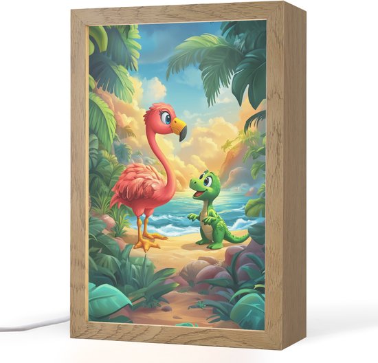 Nachtlampje 20x30 cm - Kinder lampje - Flamingo - Dinosaurus - Strand - Kleurrijk - Tafellamp kinderkamer - Slaapkamer lamp - Bedlamp kinderen - Kinderlampje stopcontact - Wandlamp babykamer - Nachtlampjes van Geharo
