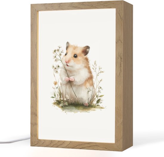 Nachtlampje 20x30 cm - Kinder lampje - Hamster - Bloemen - Tafellamp kinderkamer - Slaapkamer lamp - Bedlamp kinderen - Kinderlampje stopcontact - Wandlamp babykamer - Nachtlampjes van Merkloos