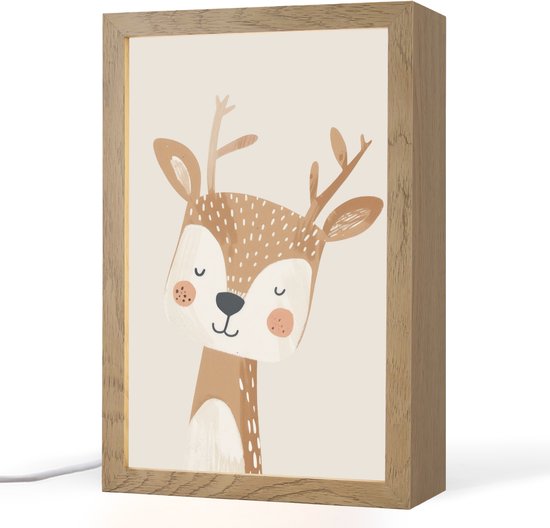 Nachtlampje 20x30 cm - Kinder lampje - Hert - Bosdieren - Beige - Tafellamp kinderkamer - Slaapkamer lamp - Bedlamp kinderen - Kinderlampje stopcontact - Wandlamp babykamer - Nachtlampjes